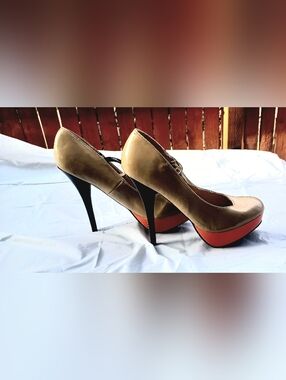 Messika Tan Mary Jane Pumps with Orange Platform and Black Stiletto
